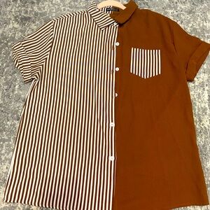White & Brown Striped Short Sleeve Button-Down Shirt - Size S, Perfect Condition